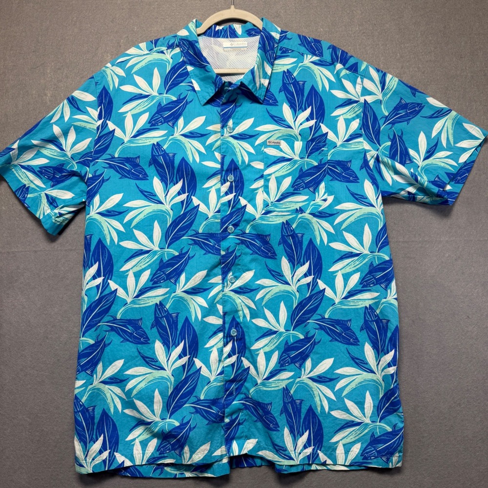 Columbia PFG Men's Tropical‎ Fish Leaf Print Short Sleeve Button Up Shirt XL